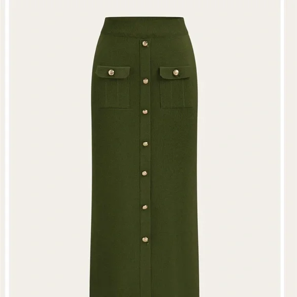 Commense Olive Green Button-Front Midi Skirt with Pocket Flaps - Picture 4 of 4